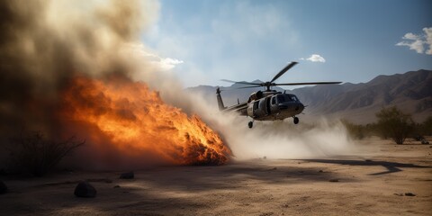 Helicopter extinguishes fire. Firefighter helicopter fighting against a forest fire during day. A helicopter flies in the sky. Generative AI. View of a flying helicopter.