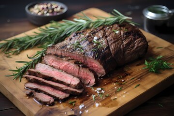 A perfectly cooked flank steak, sliced against the grain, marinated in a flavorful blend of herbs and spices.