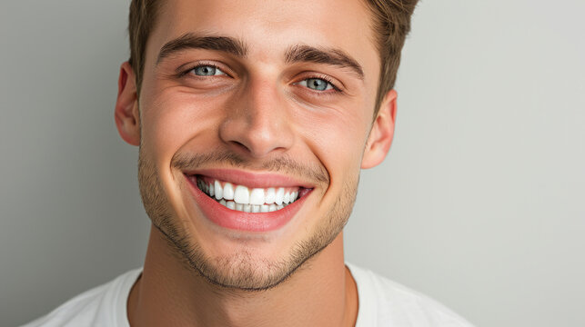 Smiling man on grey background, teeth whitening.