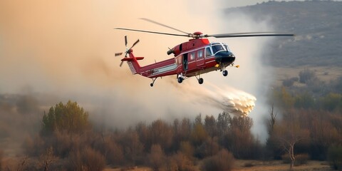 Helicopter extinguishes fire. Firefighter helicopter fighting against a forest fire during day. A helicopter flies in the sky. Generative AI. View of a flying helicopter. - obrazy, fototapety, plakaty