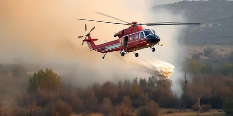 Foto op Plexiglas Helicopter extinguishes fire. Firefighter helicopter fighting against a forest fire during day. A helicopter flies in the sky. Generative AI. View of a flying helicopter. © Ruslan Shevchenko