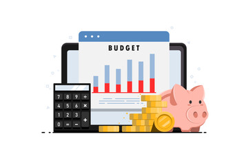 Budget planning financial to the future concept, Bar graph financial budget calculation analysis, Digital marketing illustration.