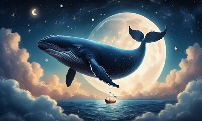Fototapeta premium surrealistic whale flying over the clouds, the night sky with moon, starry sky. Good for postcards, story book, poster, book cover, nursery and canvas. Generative AI