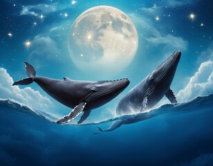 surreal two whale against the night sky with moon and starry sky. Good for postcards, poster, book cover, nursery and canvas. Generative AI	