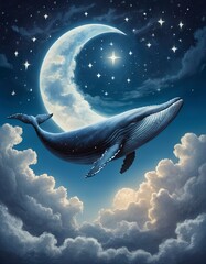 Fototapeta premium surreal whale against the night sky with crescent and starry sky. Good for postcards, poster, book cover, nursery and canvas. Generative AI 