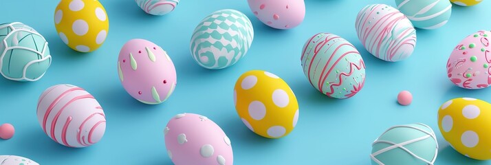 Obraz premium Easter eggs flat lay in blue background decorated yellow pastel peach and pink colors