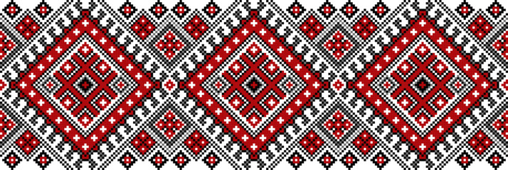 Set of editable colorful seamless ethnic Ukrainian traditional cross stitch patterns for embroidery stitch. Floral and geometric ornaments. Vector illustration