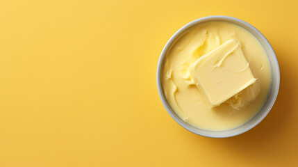 Bowl with melted butter or cheese on yellow background, top view. Dairy products
