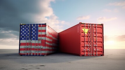 Container in the national colors of the USA and China, concept: trade war USA vers. China, conflict, 16:9