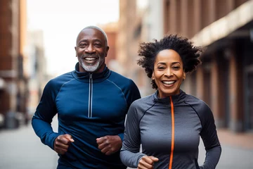 Tuinposter An african american couple of middle aged adults running in the morning, healthy lifestyle jogging, happy run © Art Coloring
