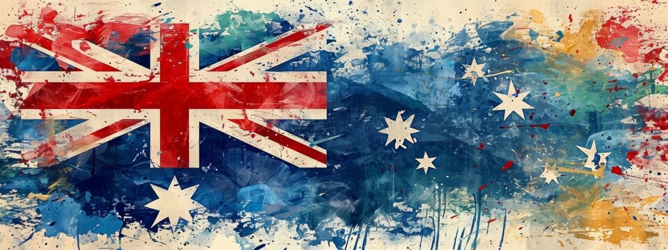 The Australian flag in a splash of vibrant watercolors, symbolizing the country's rich, diverse culture and artistic spirit.