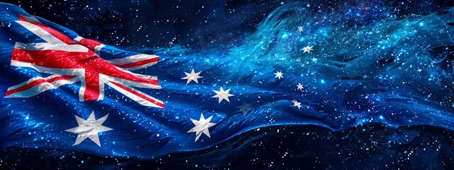 An artistic portrayal of the Australian flag with a cosmic background, representing the country's exploration and connection to the universe. - obrazy, fototapety, plakaty