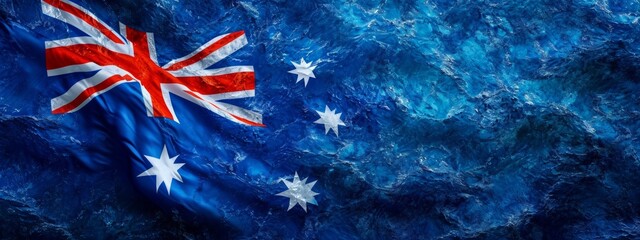 The Australian flag depicted with a vibrant, textured look, giving a sense of movement like ocean waves under the Southern Cross. - obrazy, fototapety, plakaty