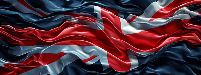 The Union Jack flag waves with a dynamic, flowing motion, symbolizing the UK's enduring strength and vibrant culture.