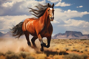 A majestic wild mustang galloping freely across the open plains of West Texas, embodying the spirit of untamed freedom. - obrazy, fototapety, plakaty