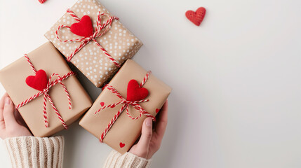 Cadeaux de Saint-Valentin tenus dans des mains féminines sur fond décoré de cœurs - obrazy, fototapety, plakaty