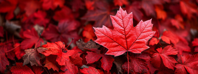  A vivid display of red maple leaves on a dark backdrop, emphasizing the autumnal theme and the beauty of fall in the Canadian landscape.