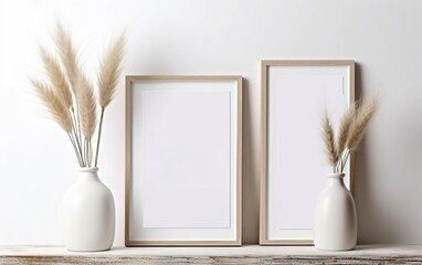 Minimalistic design. Mock up poster frame, vase with dry pampas grass in vase on wooden shelf and white wall background. Natural concept. Clay, glass, paper and wood. AI Generative.