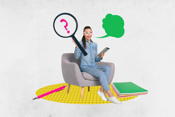 Collage young interested excited girl huge magnifying loop education knowledge concept hold tablet device copybook stack pencil armchair