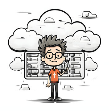 Person using cloud storage on a tablet isolated on white background, doodle style, png
