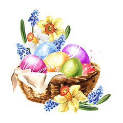 Colored Easter eggs in the green grass, spring flowers and yellow chicks. Hand drawn watercolor illustration isolated on white background  copy