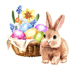 Happy Easter card, wreath with colored eggs, spring twigs and little rabbit, Hand drawn watercolor illustration isolated on white background 