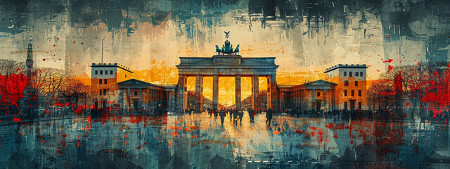 The iconic Brandenburg Gate is depicted in a watercolor painting, merging historical architecture with a modern artistic approach and reflecting on water. - obrazy, fototapety, plakaty
