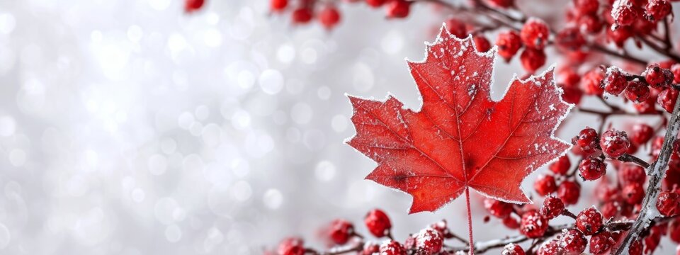  A single red maple leaf stands out against a soft, wintry background, symbolizing the Canadian flag and the country's love for its natural landscape in winter.