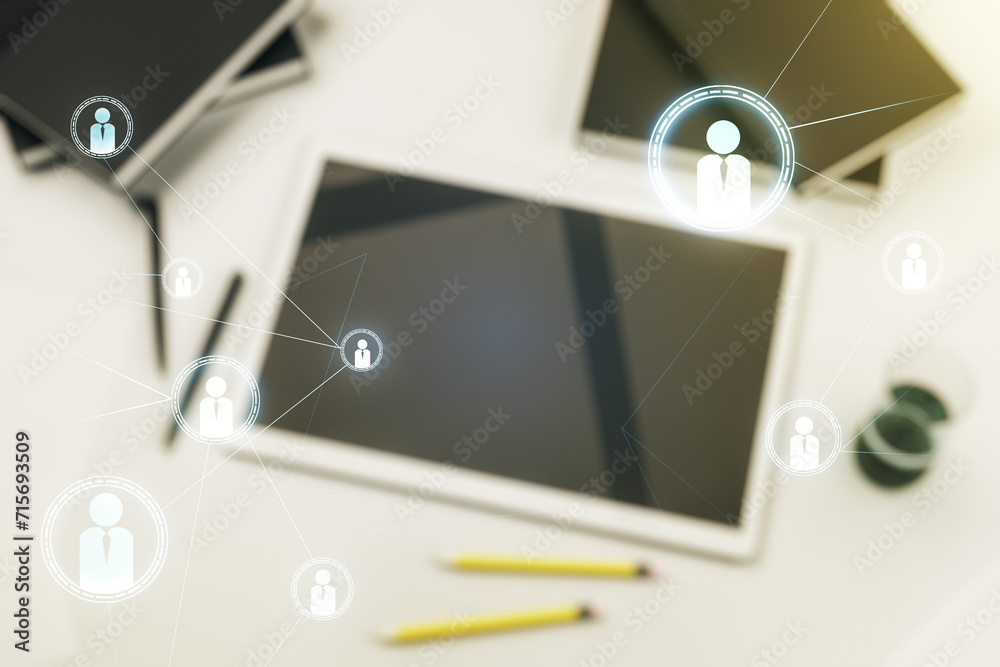 Aufkleber social network media concept and modern digital tablet on desktop on background, top view. double ex