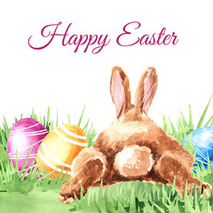 Happy Easter card, wreath with colored eggs, spring twigs and little rabbit, Hand drawn watercolor illustration isolated on white background 