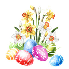 Colored Easter eggs in the green grass, spring flowers and yellow chicks. Hand drawn watercolor illustration isolated on white background  copy
