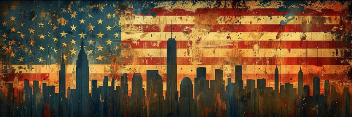 The American flag overlays a city skyline, the stars and stripes merge with urban architecture, symbolizing the nation's urban identity and history.