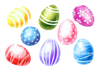 Colored Easter eggs in the green grass, spring flowers and yellow chicks. Hand drawn watercolor illustration isolated on white background  copy
