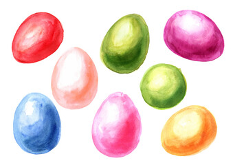 Fototapeta premium Colored Easter eggs in the green grass, spring flowers and yellow chicks. Hand drawn watercolor illustration isolated on white background copy