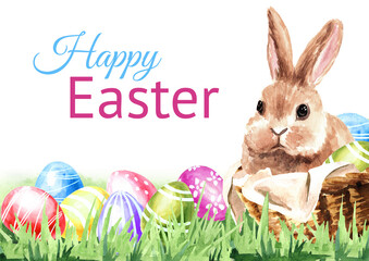 Happy Easter card, wreath with colored eggs, spring twigs and little rabbit, Hand drawn watercolor illustration isolated on white background 