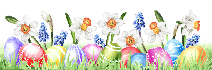 Colored Easter eggs in the green grass, spring flowers and yellow chicks. Hand drawn watercolor illustration isolated on white background  copy