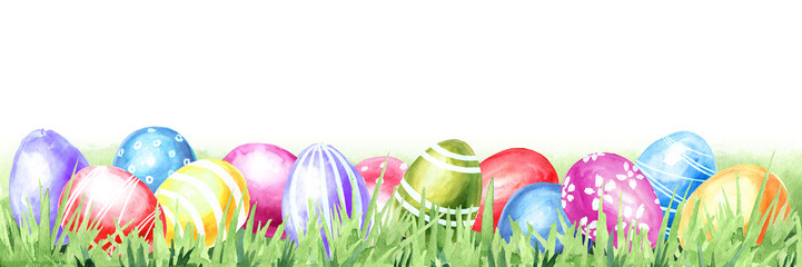 Colored Easter eggs in the green grass, spring flowers and yellow chicks. Hand drawn watercolor illustration isolated on white background  copy