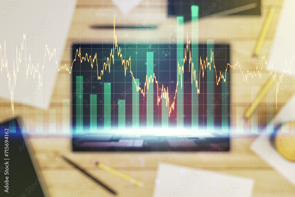Poster multi exposure of abstract financial diagram and modern digital tablet on background, banking and ac
