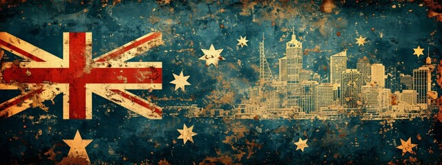 An artistic take on the Australian flag over a cityscape background, merging national pride with urban imagery in a vintage textured style. - obrazy, fototapety, plakaty