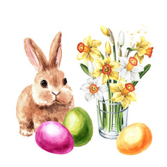 Happy Easter card, wreath with colored eggs, spring twigs and little rabbit, Hand drawn watercolor illustration isolated on white background 