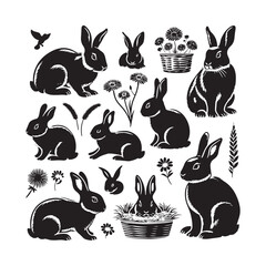 Blossoms and Bunnies: Rabbit Silhouettes Amidst Blooming Florals, Capturing the Essence of Spring - Rabbit Illustration - Bunny Vector
