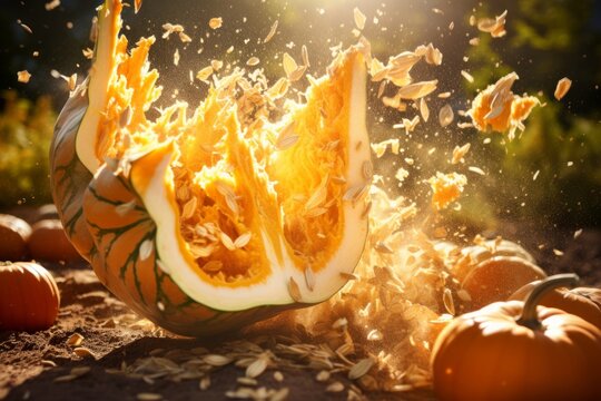 Atmospheric photo of pumpkin explosion, smashed pumpkin, pumpkin pieces and seeds scatter to the sides in sunlight. Concepts: pumpkin dishes, food styling, harvest, halloween