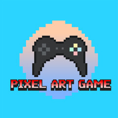 Pixel Art Style Gaming Sign Template on Cyan Background, Featuring Black Modern Game Controller
