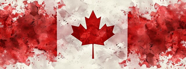 This image showcases a watercolor version of the Canadian flag with a stylized maple leaf center, merging the essence of Canada with artistic flair. - obrazy, fototapety, plakaty