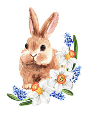 Happy Easter card, wreath with colored eggs, spring twigs and little rabbit, Hand drawn watercolor illustration isolated on white background 