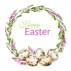 Happy Easter card, wreath with colored egg and spring flowers, Hand drawn watercolor illustration, isolated on white background 
