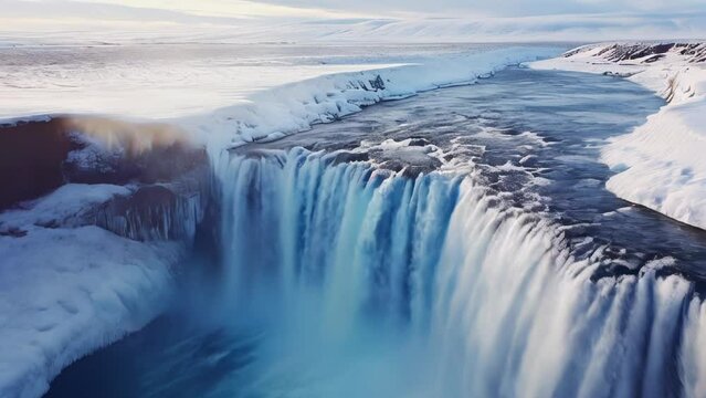 In the biting cold, cascading water forms a grand waterfall surrounded by ice and snow.
