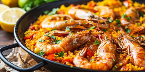shrimp with rice traditional spanish paella - obrazy, fototapety, plakaty