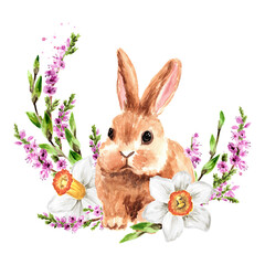 Happy Easter card, wreath with colored eggs, spring twigs and little rabbit, Hand drawn watercolor illustration isolated on white background 
