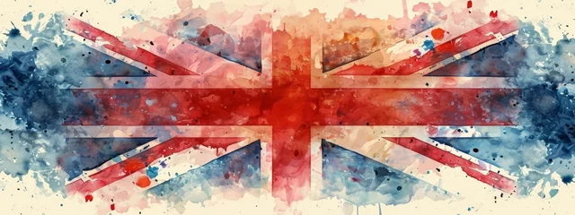 Fotobehang  A watercolor rendition of the United Kingdom flag with splashes of color and a textured appearance, suitable for creative backgrounds or graphic elements. © Liana
